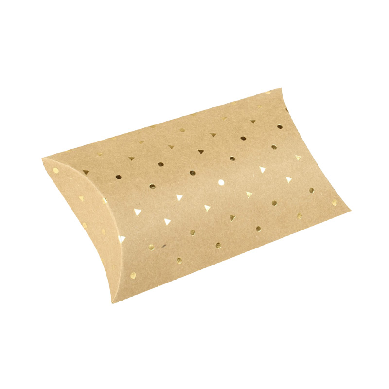Kraft card pillow boxes with hot-foil printed gold motifs, 7 x 7.5 x 2.3 cm, 350 g