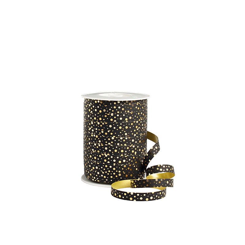 Matt black gift ribbon with shiny golden polka dot print