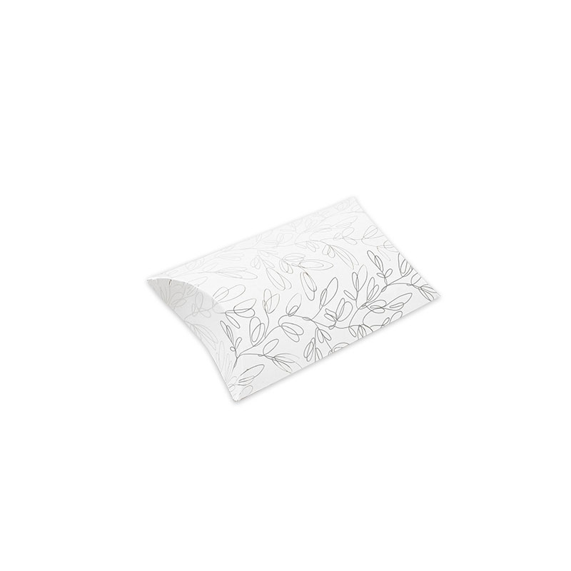 Matt white card pillow boxes with 'Botanical' motifs - Hot-foil printed, 350g