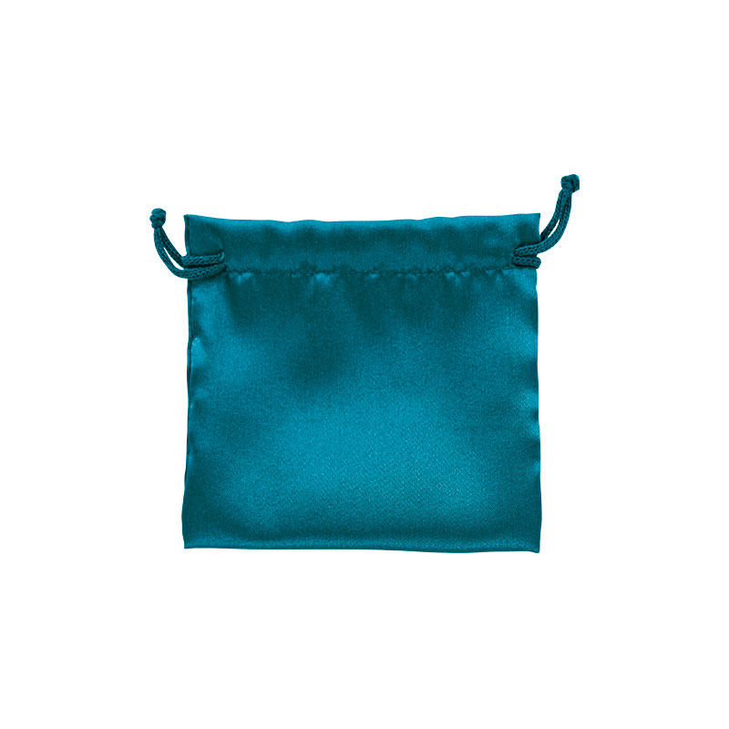 Teal synthetic satin pouches with cotton drawstrings, 11 x 10cm