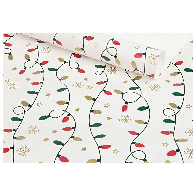 Seasonal wrapping paper with multi-coloured Christmas tree light design