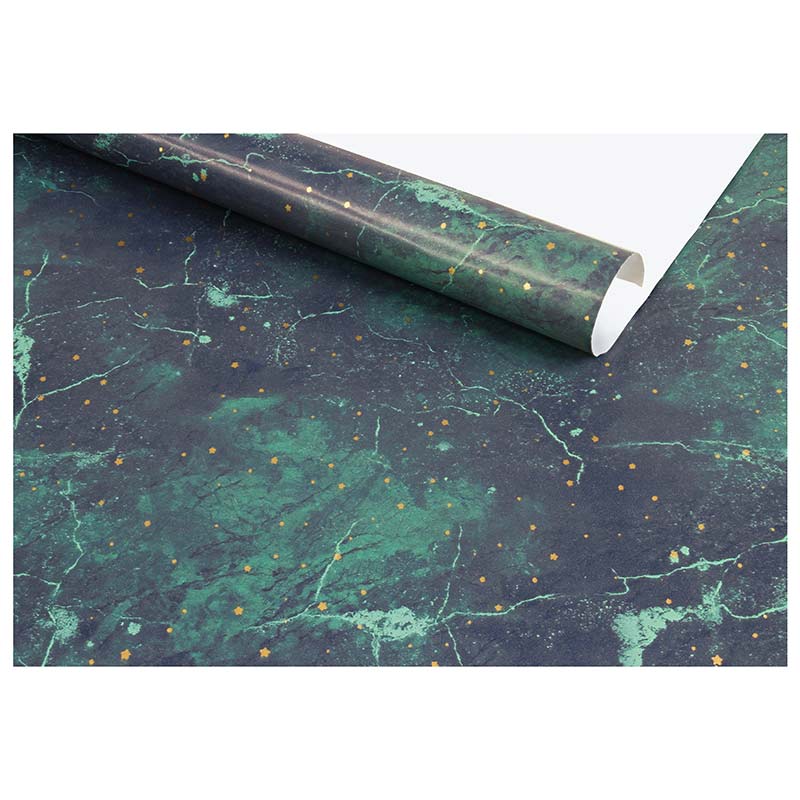 Teal gift wrapping paper with marble finish and gold stars, 0.70 x 25m