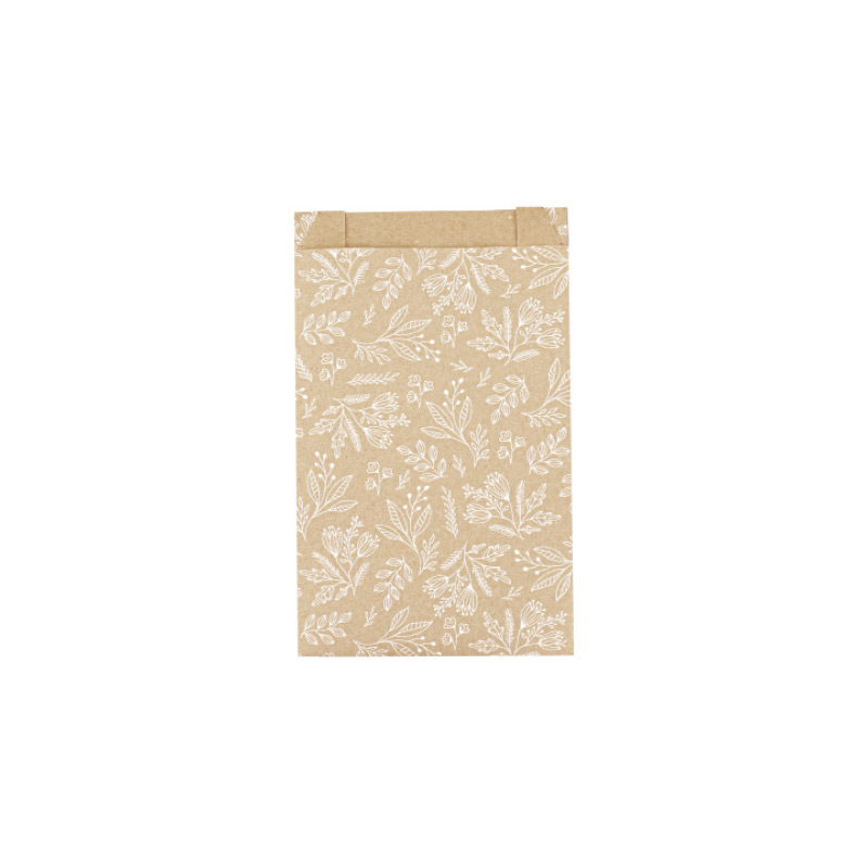 Recycled Kraft gift bags with metallic white flower print 7 x 12cm, 70g (x125)