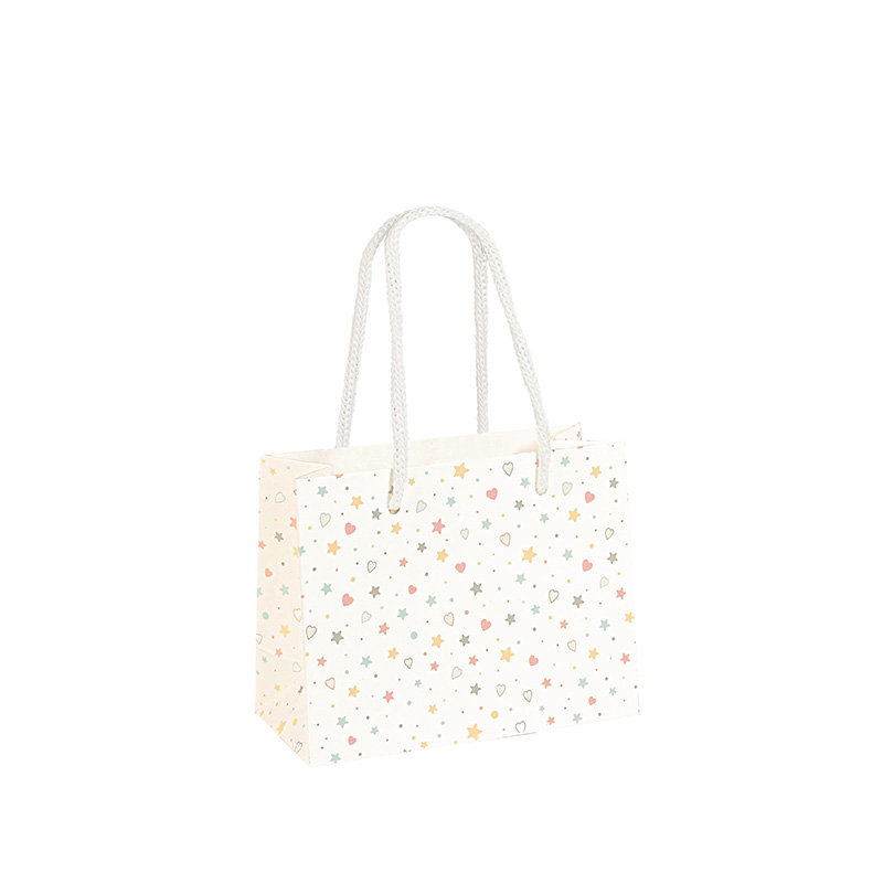 Matt finish white paper bags with multicoloured stars/hearts 14.6 x 6.4 x H 11.4cm, 190 g