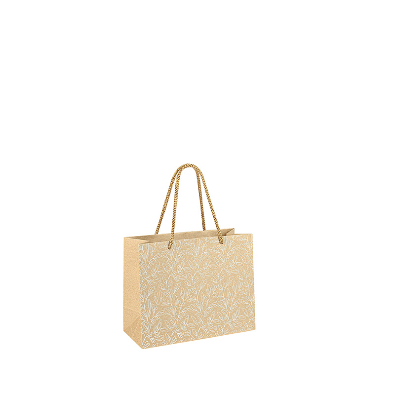 Natural kraft paper gift bags, hot foil printed white foliage motifs, 14.6 x 6.4 x 11.4cm H, 200g