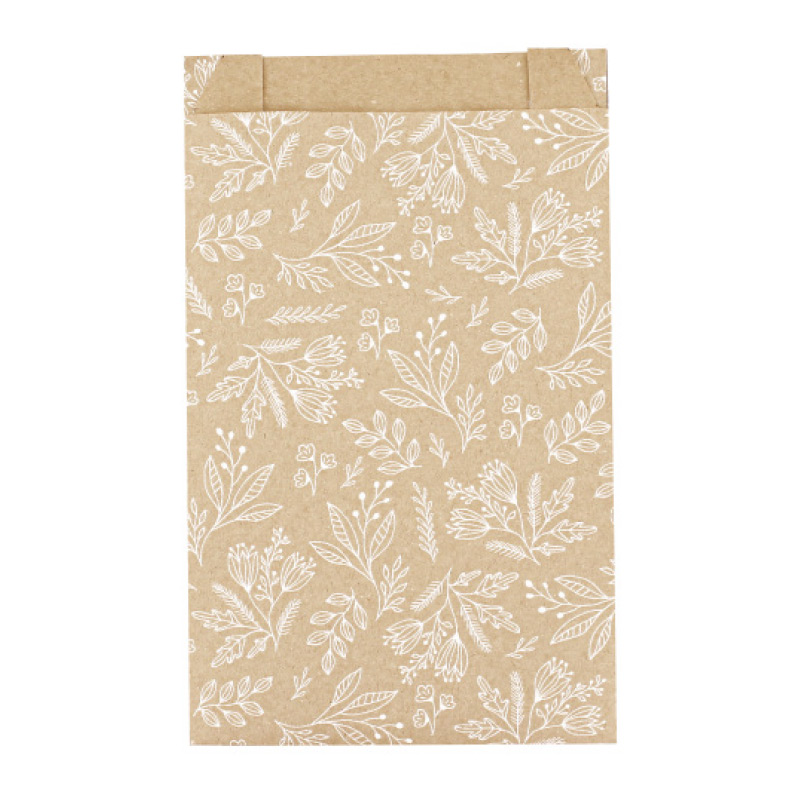 Recycled Kraft gift bags with metallic white flower print 18 x 6 x 35cm, 70g (x50)