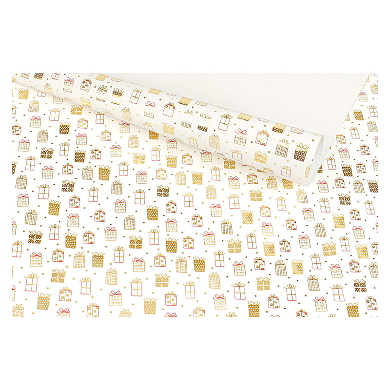 White gift wrapping paper printed with metallic gold gifts, 0.70 x 25m