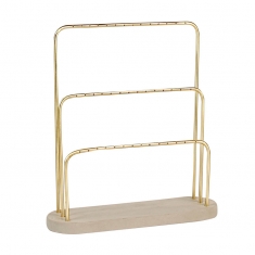 Matt finish gold-coloured metal 3 tier display for 21 pairs of earrings, concrete base, 25 cm tall