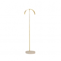 Matt finish gold-coloured metal necklace stand with curved top, concrete base, 29 cm tall