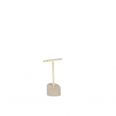 Matt finish gold-coloured T shaped metal display for 1 pair of earrings, concrete base, 10.5 cm tall