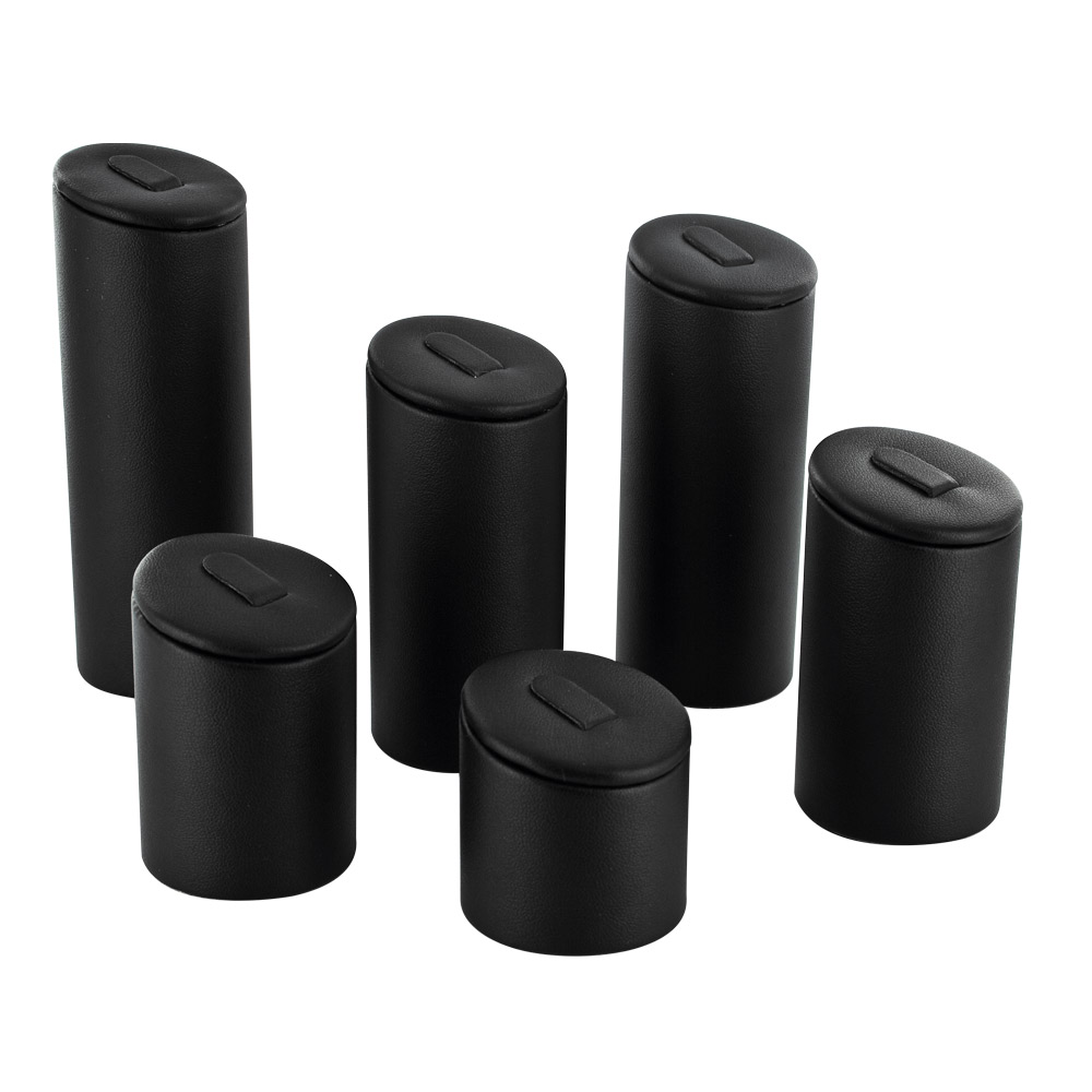 Black set of 6 cylindrical leatherette ring holders