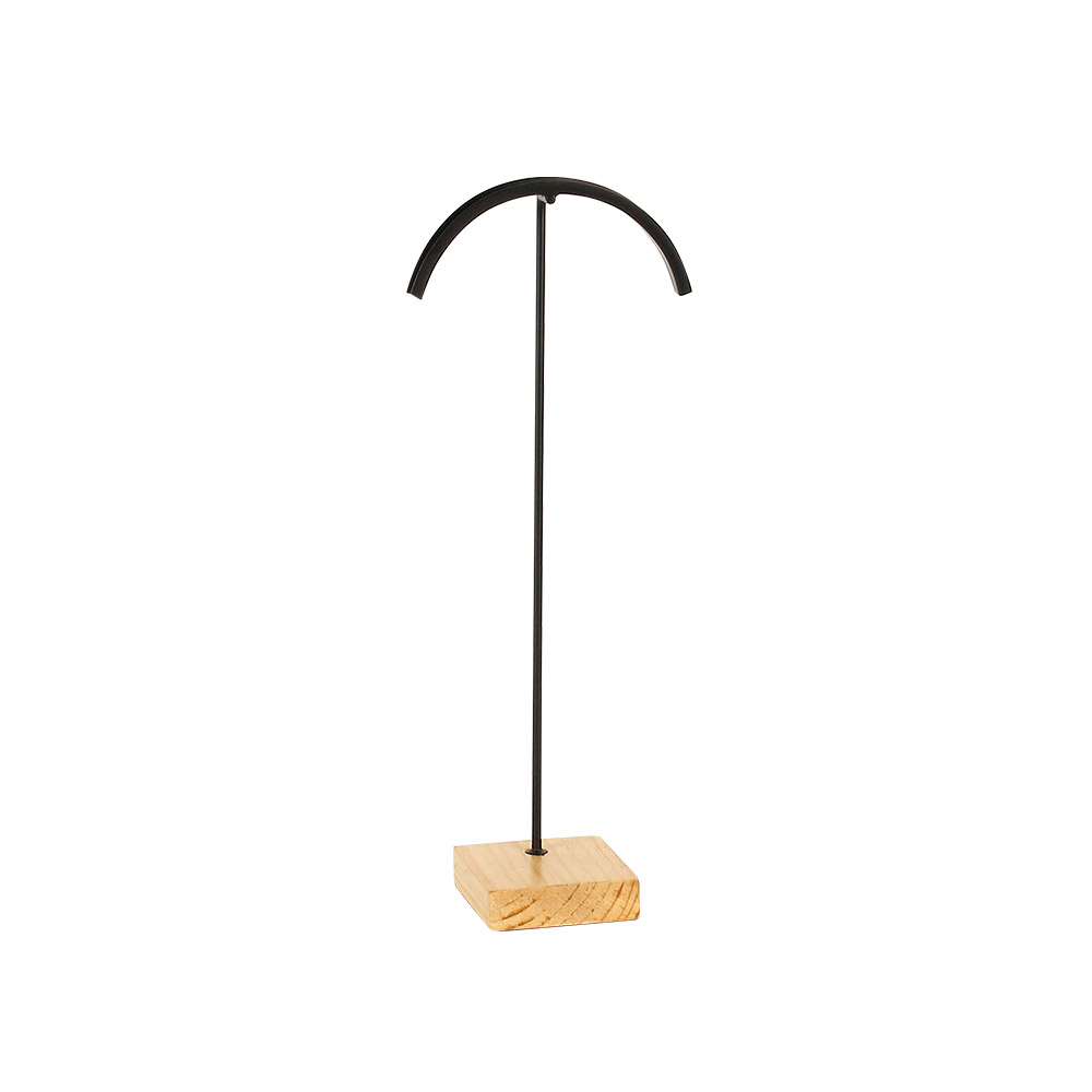 Curved necklace display stand in black metal with wooden base, 28cm