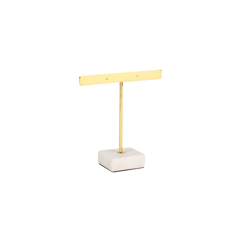 Flat T-shaped gold-coloured display stand for 1 pair of earrings with marble base 11 cm H