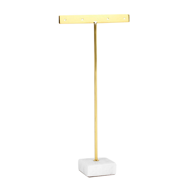 Flat T-shaped gold-coloured display stand for 2 pairs of earring with marble base 21.5 cm H