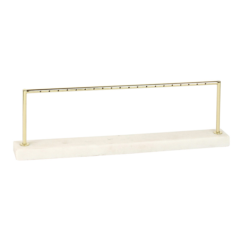 Gold-coloured metal earring display rack with marble base
