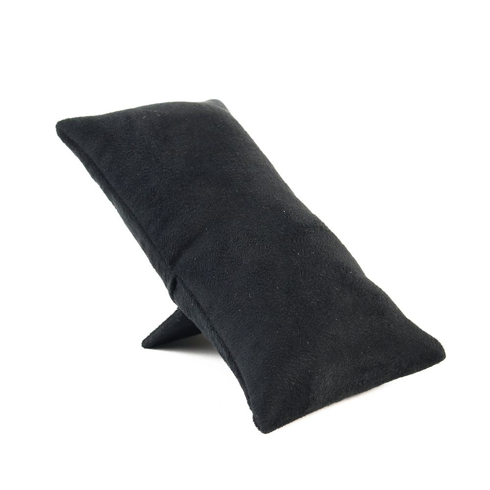 Long display cushion with stand in black man-made suedette finish