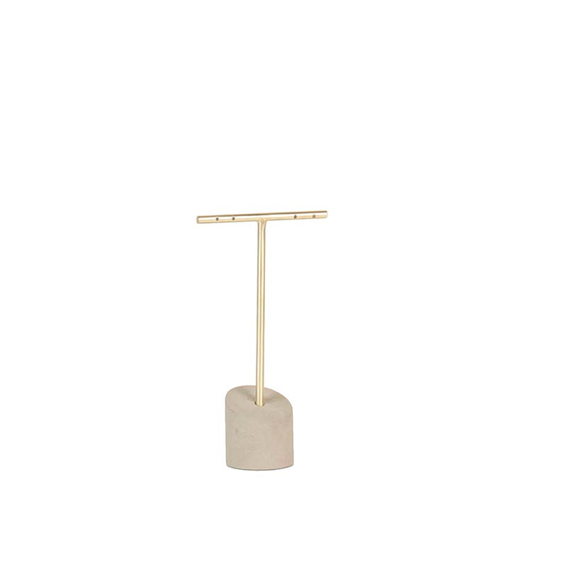 Matt finish gold-coloured T shaped metal display for 2 pairs of earrings, concrete base 14.5 cm tall