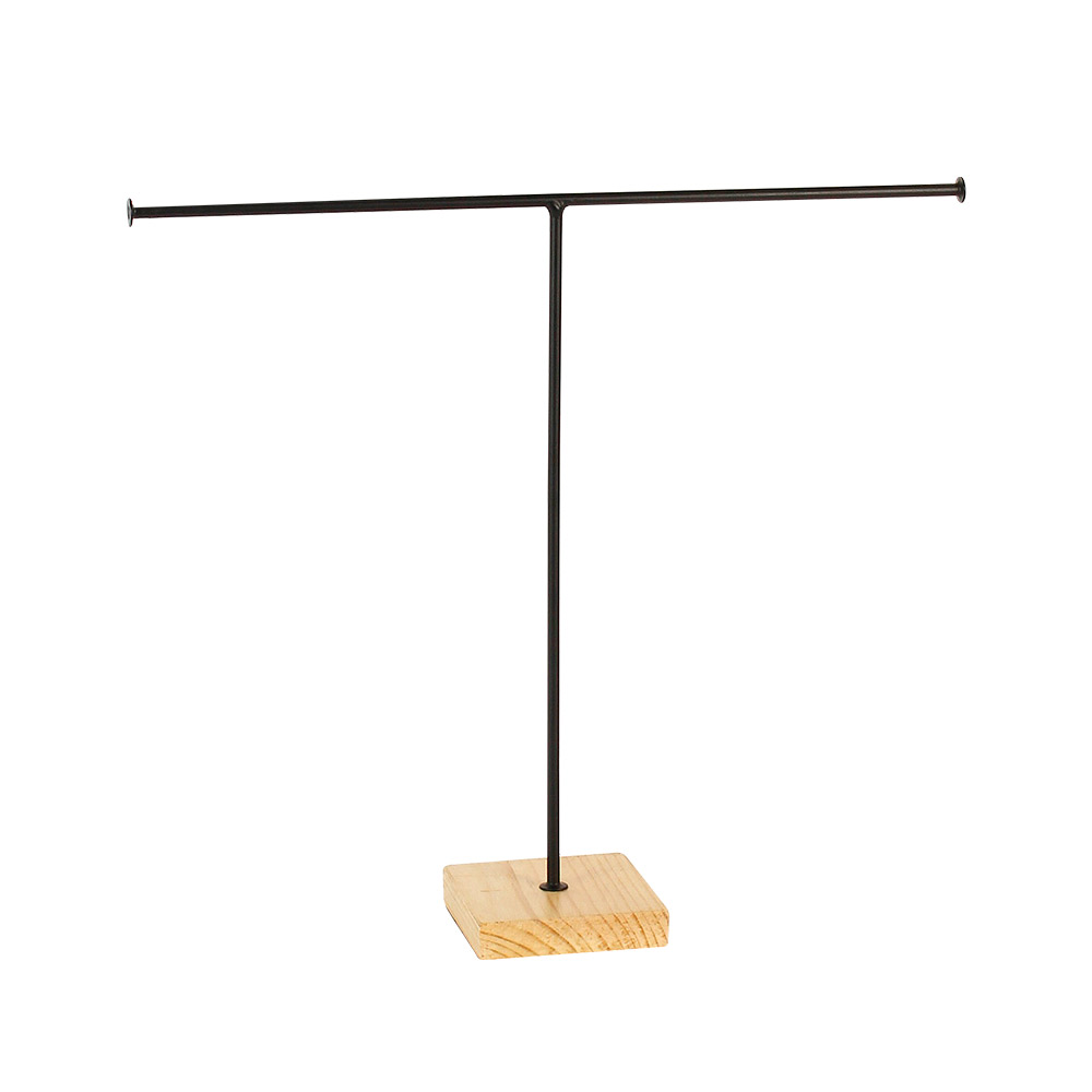 Necklace display stand in black metal with wooden base 30.5cm