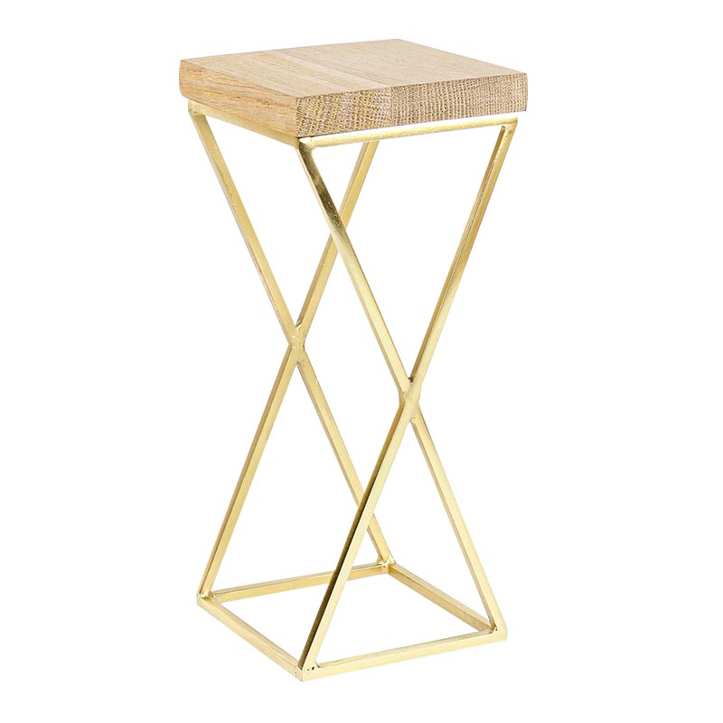 Oak display table with matt finish gold-coloured metal feet, 10 x 10 x 24cm tall