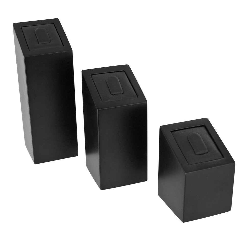 Set of three black square ring holders - matt black painted wood with synthetic upper
