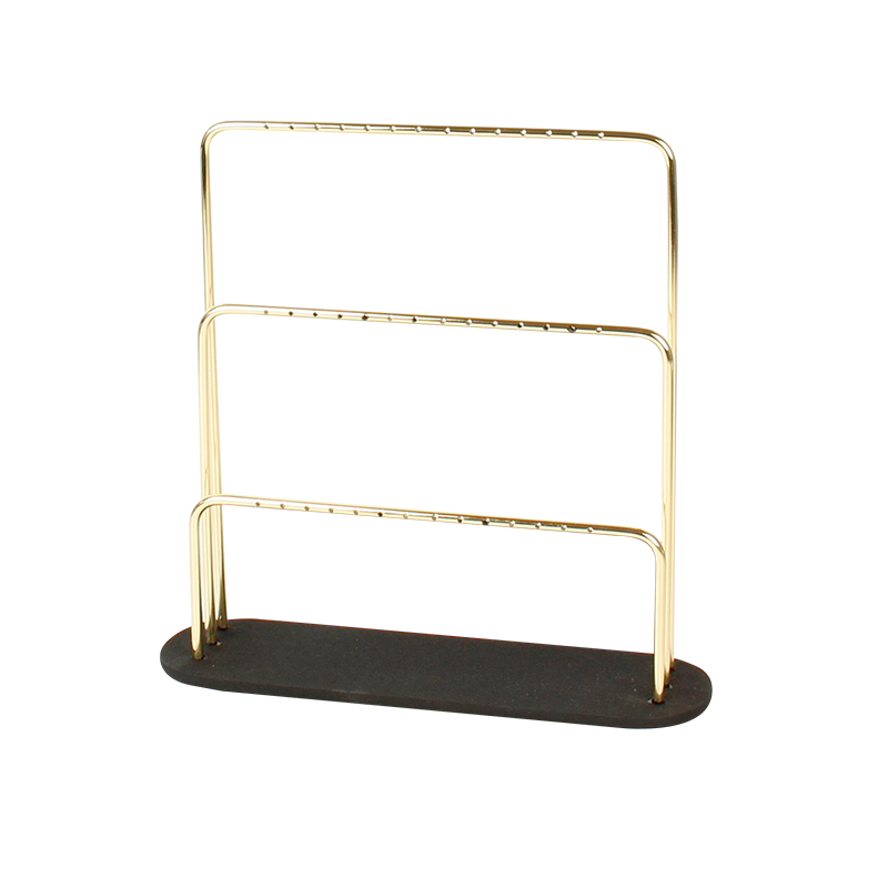 Shiny gold-coloured metal 3 level display for 21 pairs of earrings, black granite finish base