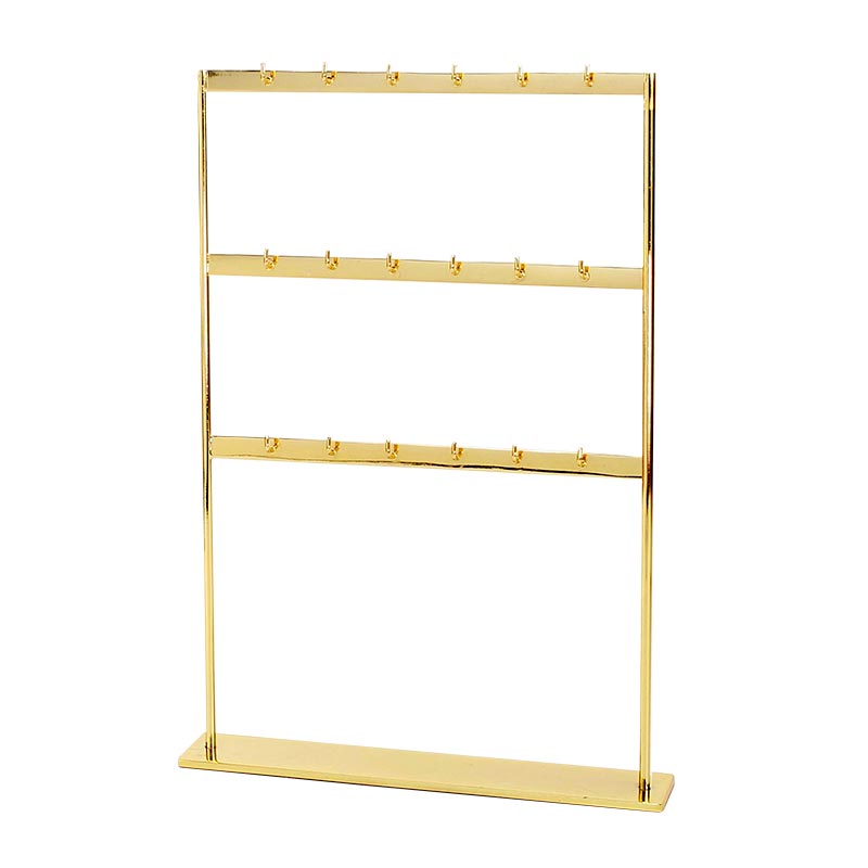Shiny gold-coloured three tier metal display for earrings/pendants with hooks for tags, 22 x 31.5cm
