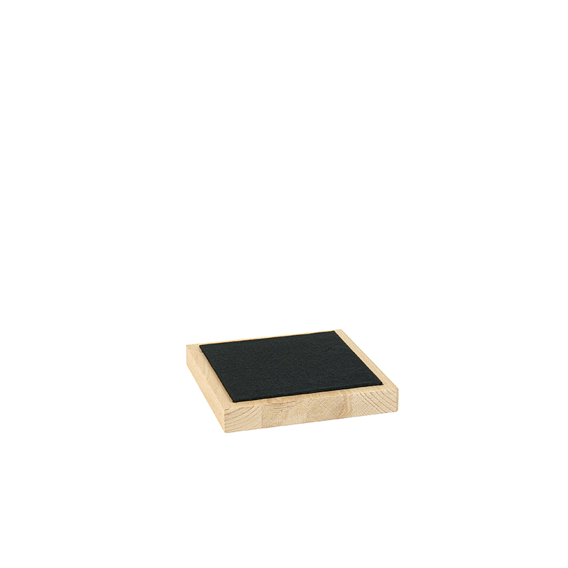 Black suedette and natural beechwood display tray, 13 x 13 cm