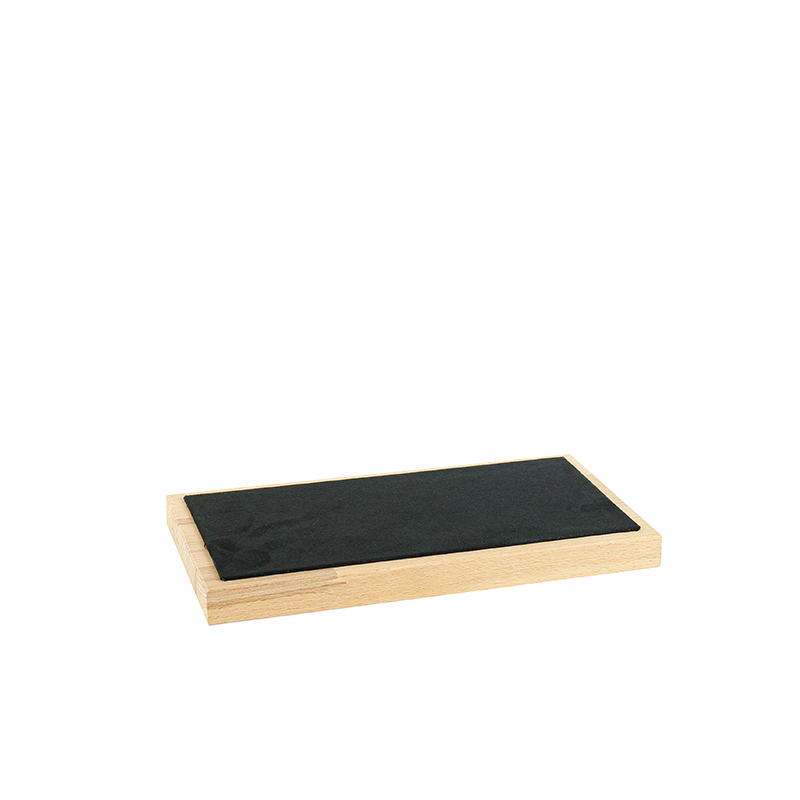 Black suedette and natural beechwood display tray, 24 x 13 cm