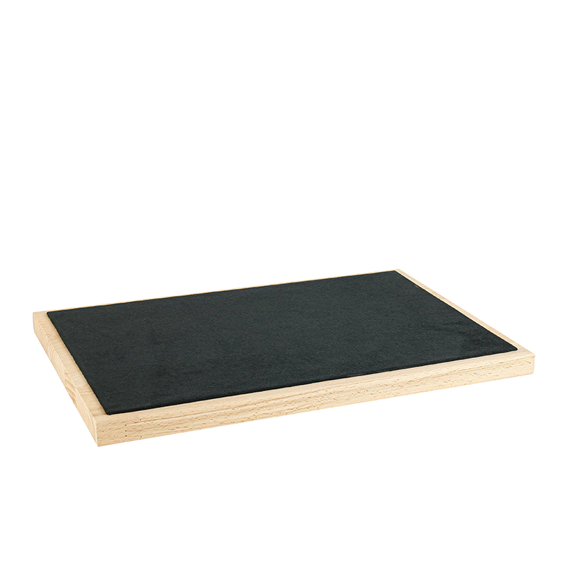 Black suedette and natural beechwood display tray, 24 x 35 cm