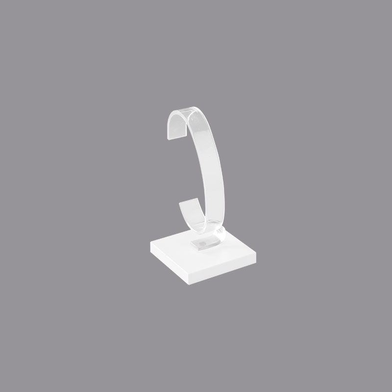 C clip watch display unit in white PMMA with 5 cm square base