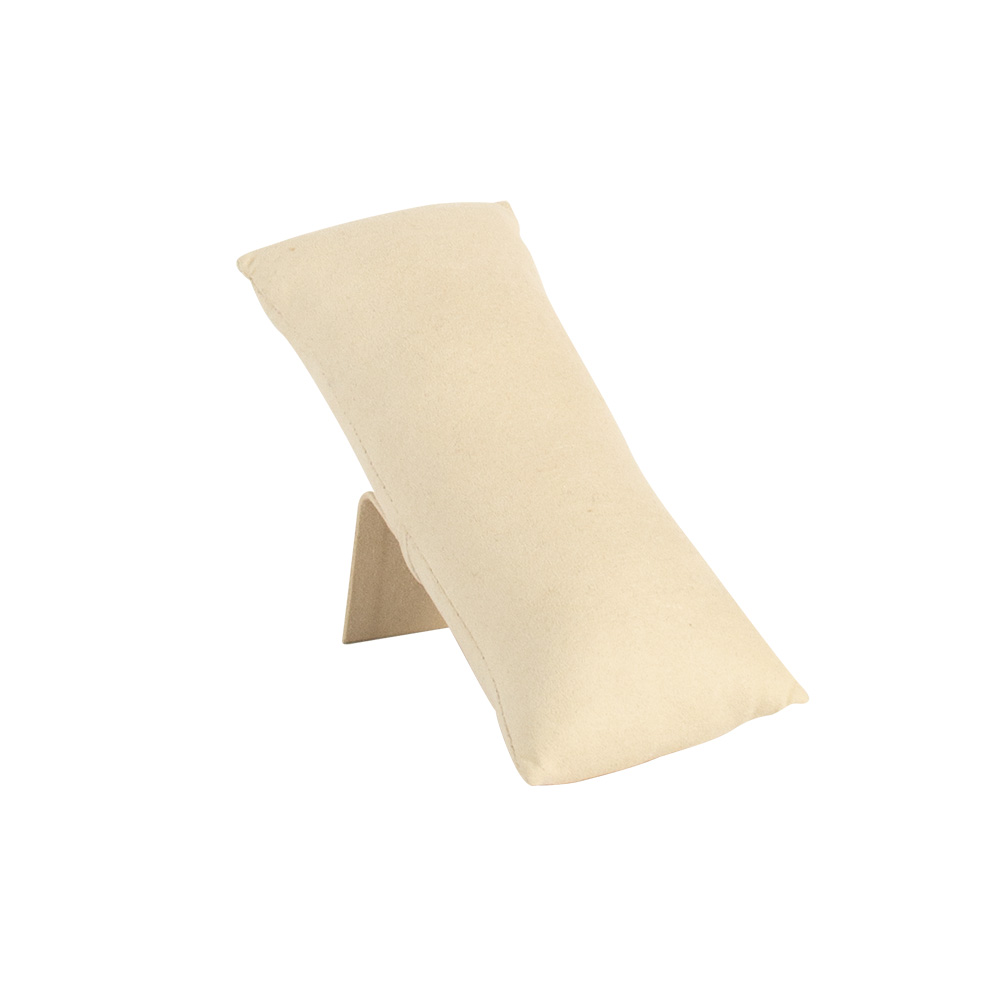 Cream coloured display bolster with stand in suedette finish fabric