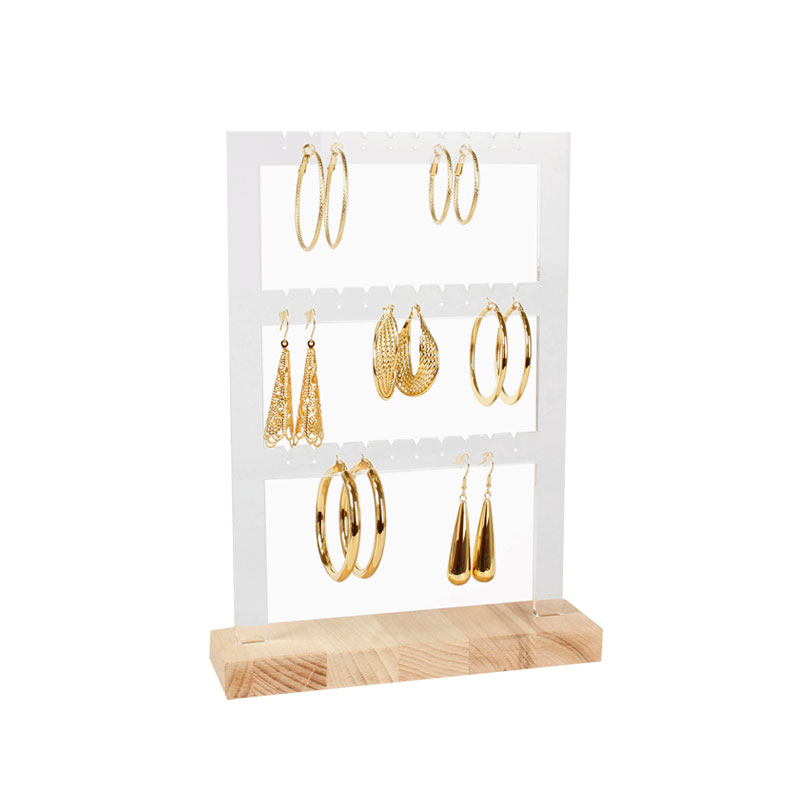 Display stand in beech and PMMA for 15 pairs of earrings, three levels