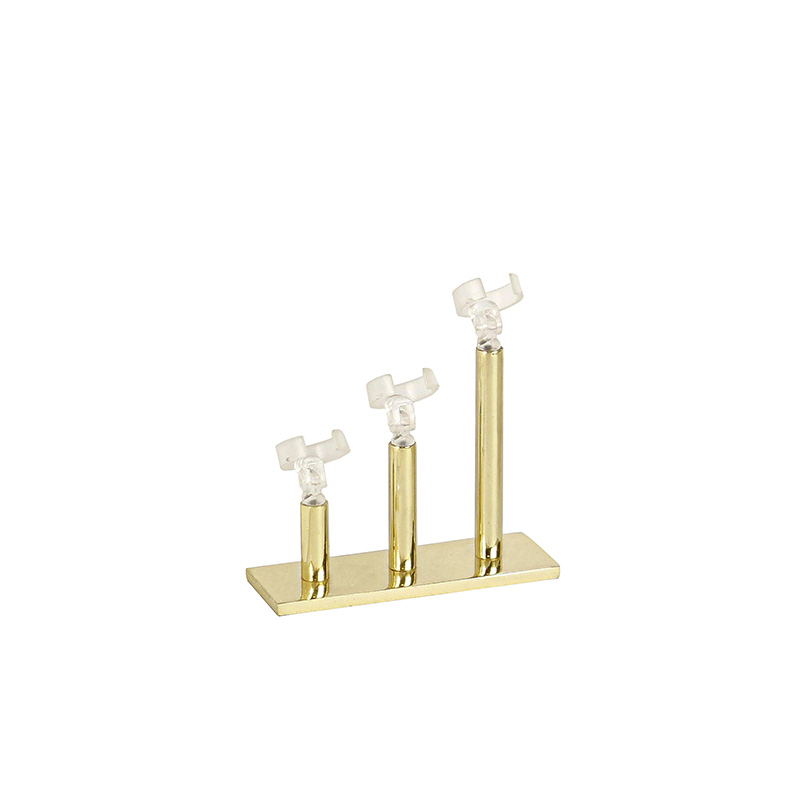 Gold-coloured metal display for 3 rings with pivoting ball mount 8 x 8cm