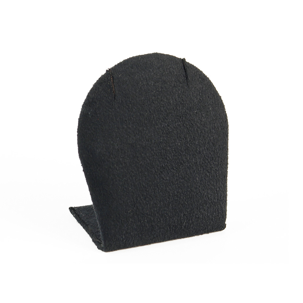 Rounded black earring display stand covered in man-made suedette fabric