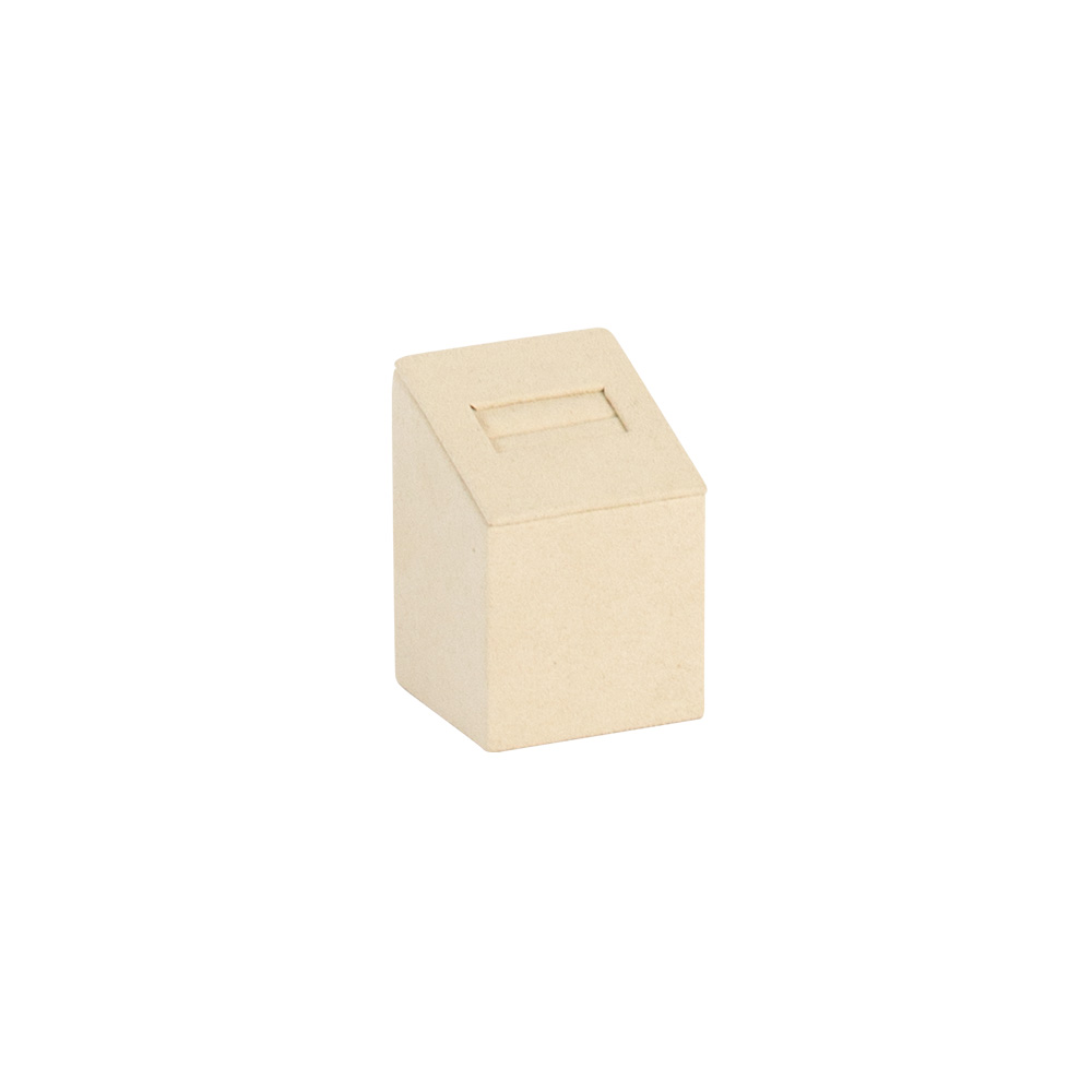 Square based ring holder with slot covered in cream coloured suedette 6cm tall