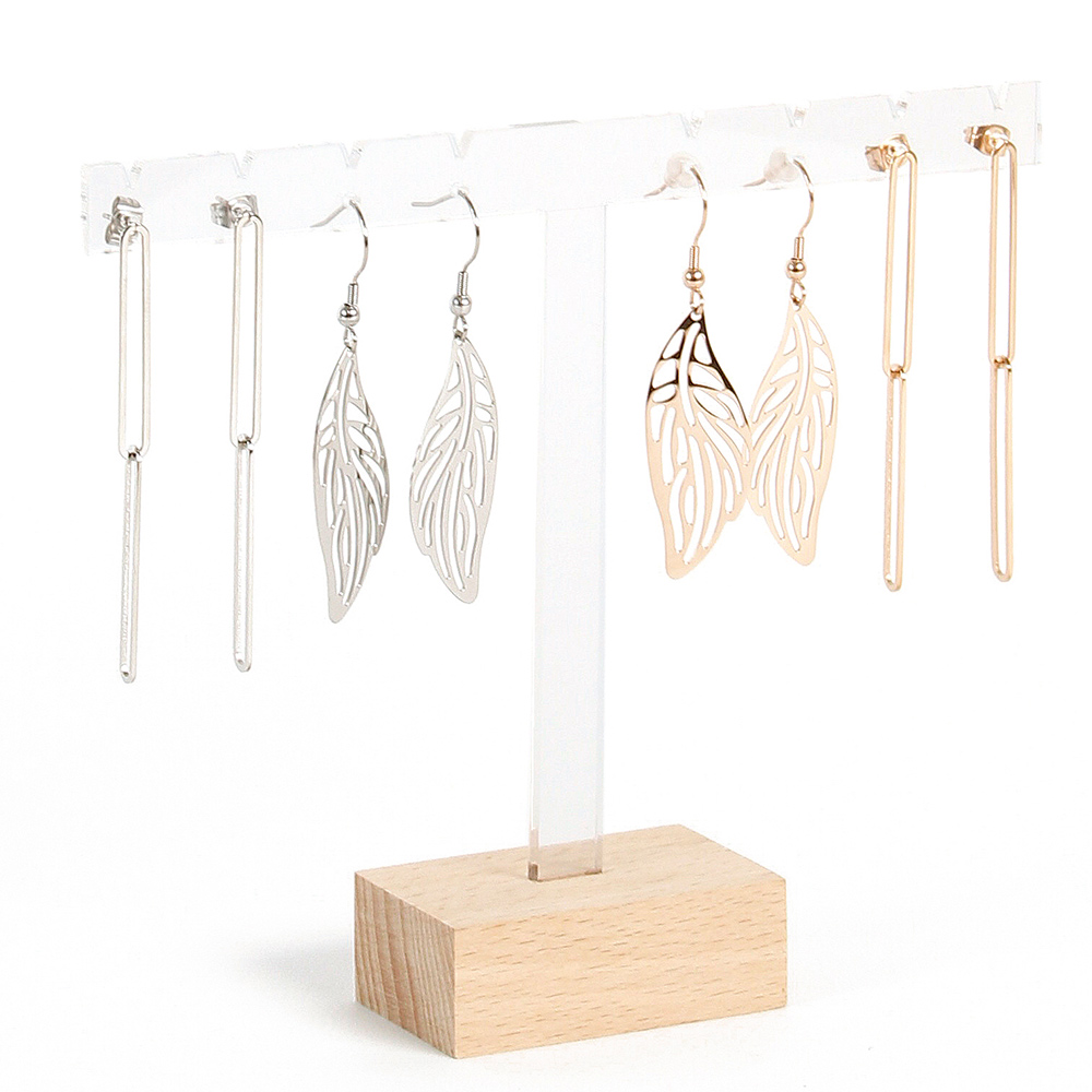 T-shaped display for 4 pairs of earrings in wood and PMMA