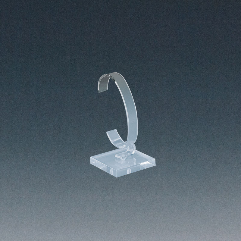 Transparent PMMA C clip watch display with square base, 5 x 5 cm