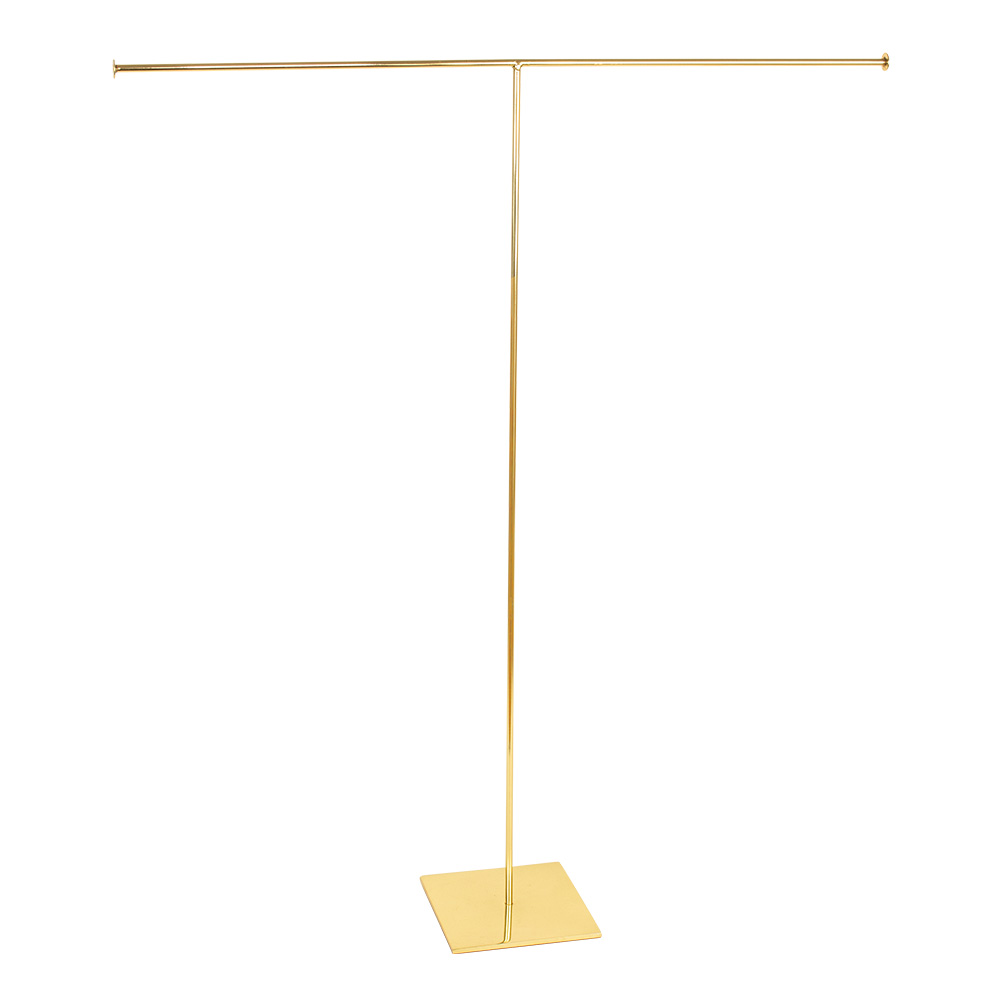 Tall T-shaped display stand in gold-coloured metal, ideal for necklaces and chains