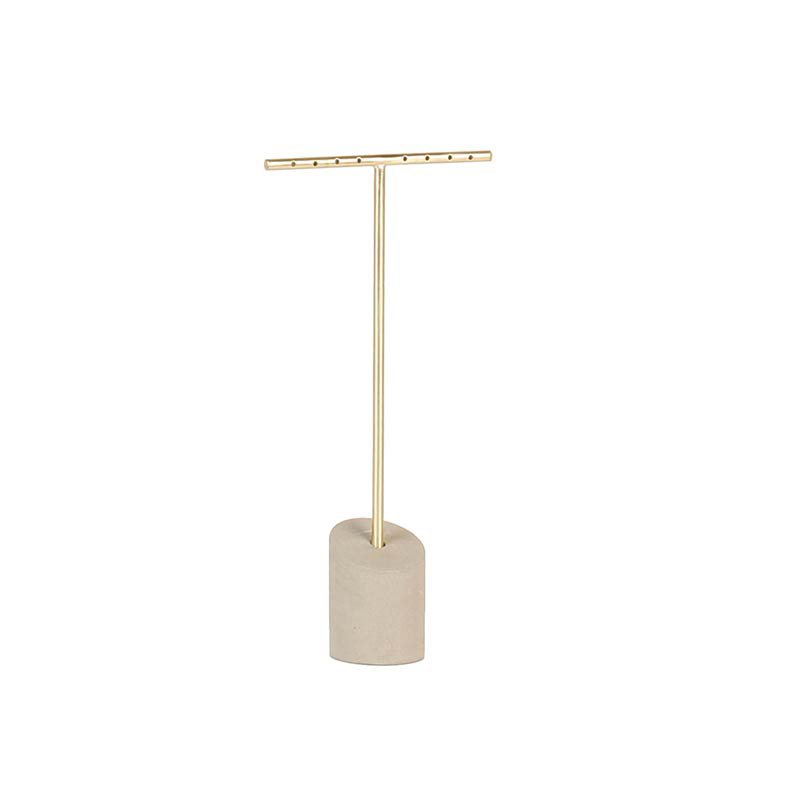 Matt finish gold-coloured T shaped metal display for 1 pair of earrings, concrete base, 10.5 cm tall