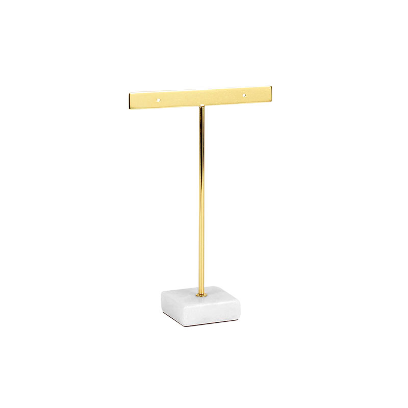 Flat T-shaped gold-coloured display stand for 1 pair of earrings with marble base 11 cm H