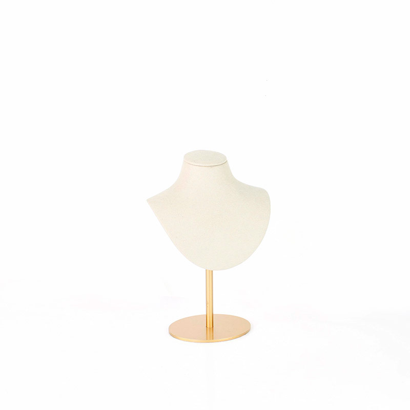 Adjustable cream coloured suedette display bust with matt finish gold metal foot, 18 to 25 cm tall