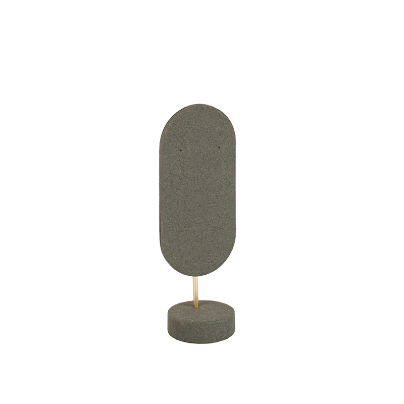 Khaki coloured man-made suedette finish earring display, matt gold-coloured metal stand, 17.5cm