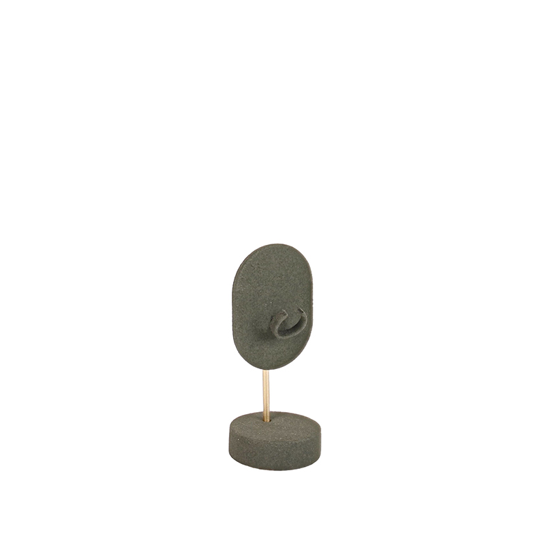 Khaki coloured man-made suedette finish ring display, matt gold-coloured metal stand, 12cm