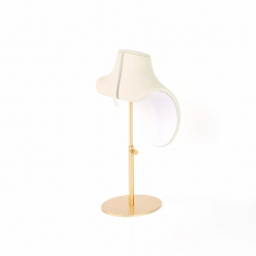 Adjustable cream coloured suedette display bust with matt finish gold metal foot, 19 to 27 cm tall