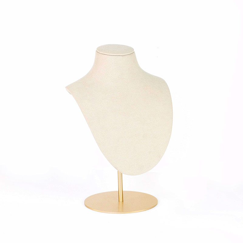 Adjustable cream coloured suedette display bust with matt finish gold metal foot, 26.6 to 37cm tall