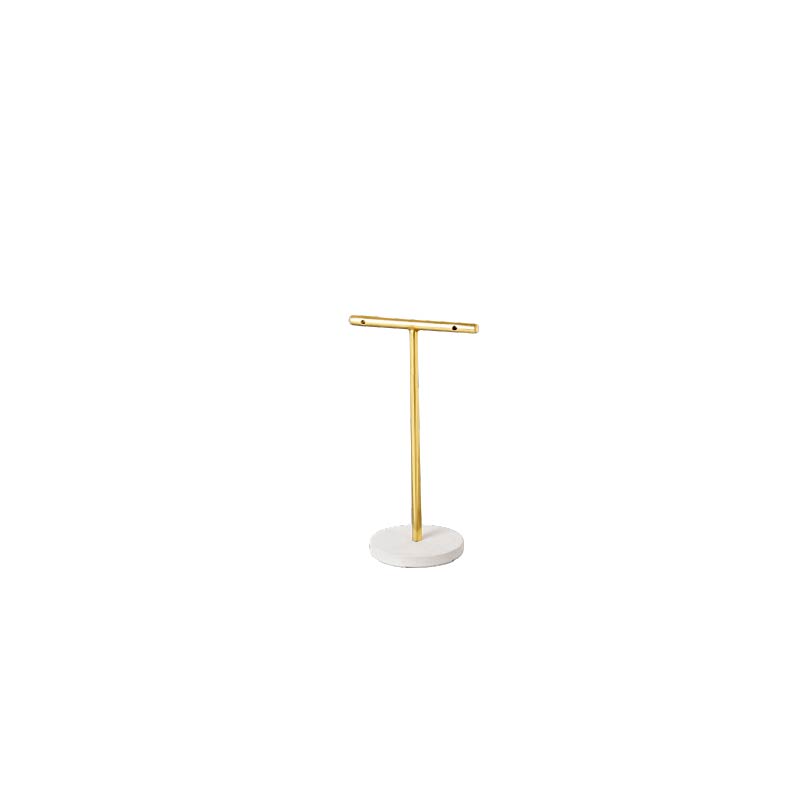 Matt gold-coloured metal T display for a pair of earrings, round white granite look base