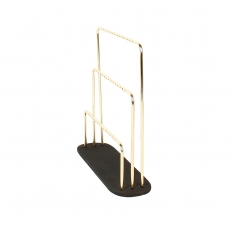Shiny gold-coloured metal 3 level display for 21 pairs of earrings, black granite finish base