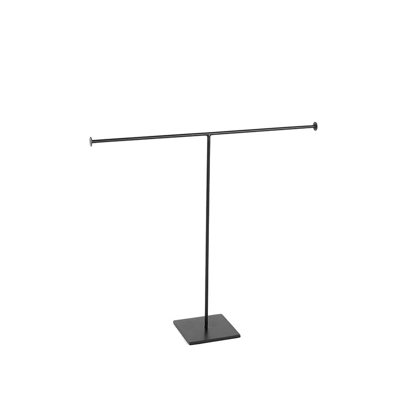 Matt black metal T shaped necklace display stand with square metal base, 31 x 35 cm