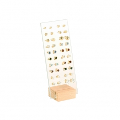 Plexiglas display stand for 20 pairs of stud earrings with wooden base, 15 cm H