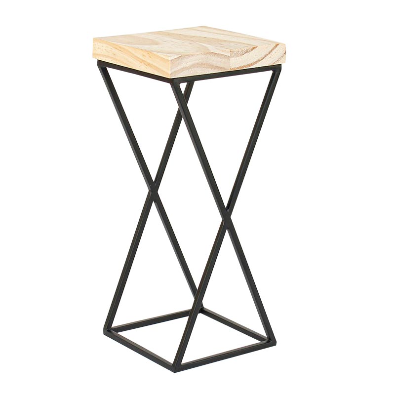 Pine display table with matt finish black metal feet, 10 x 10 x 6cm tall